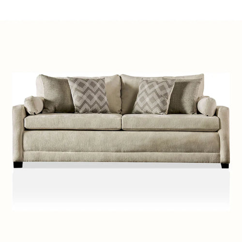Canapé de style transitionnel rembourré en chenille beige avec assise coussinée et oreillers