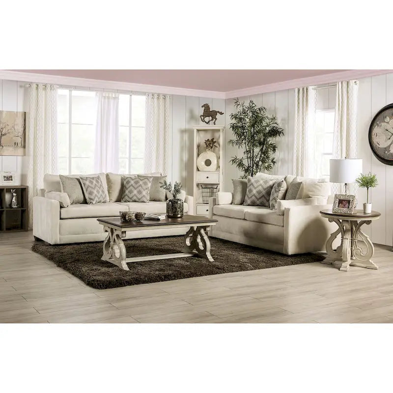 Beige Chenille Upholstered Transitional Sofa with Cushioned Seating and Pillows