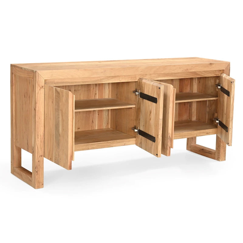 Credenza moderna in legno massello di acacia con quattro ante e vano contenitore