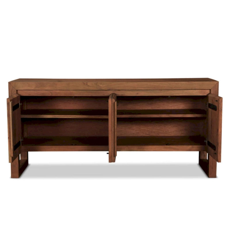 Credenza moderna in legno massello di acacia con quattro ante e vano contenitore