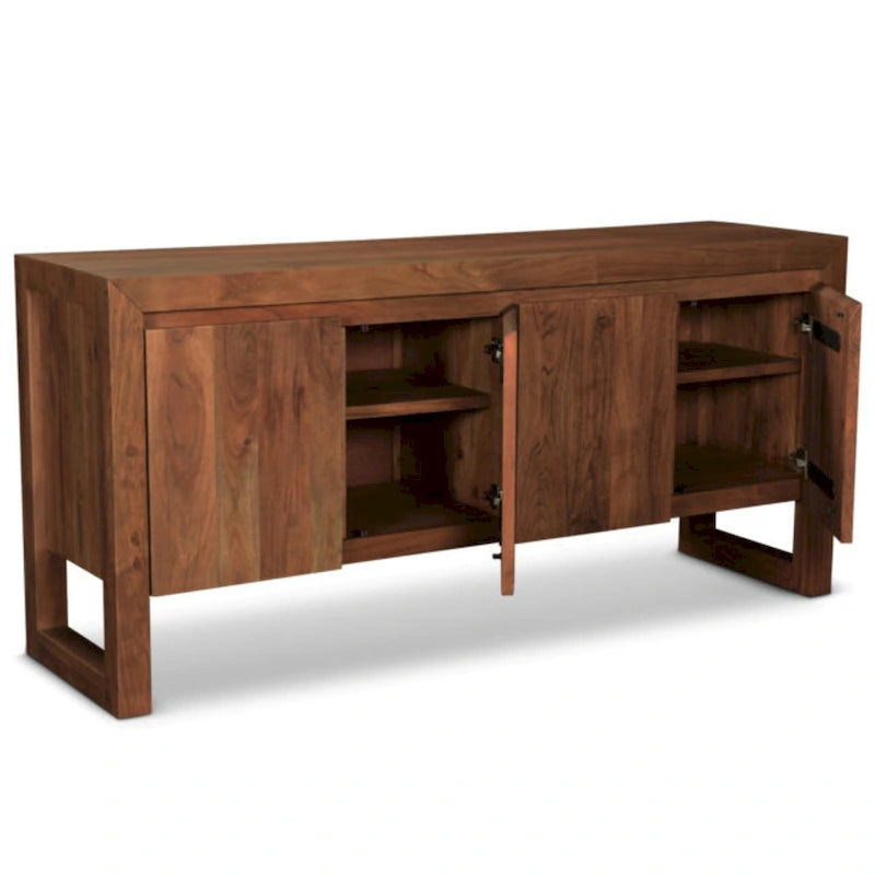 Credenza moderna in legno massello di acacia con quattro ante e vano contenitore
