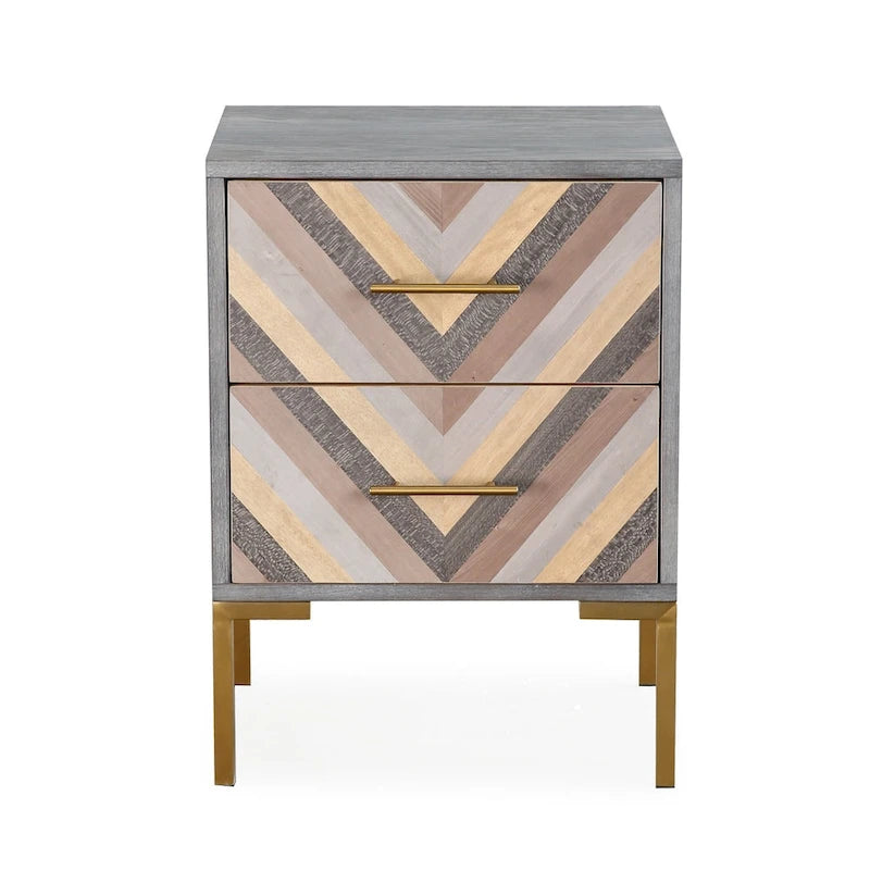 Chevron Two Drawer Side Table with Brushed Gold Accent Legs