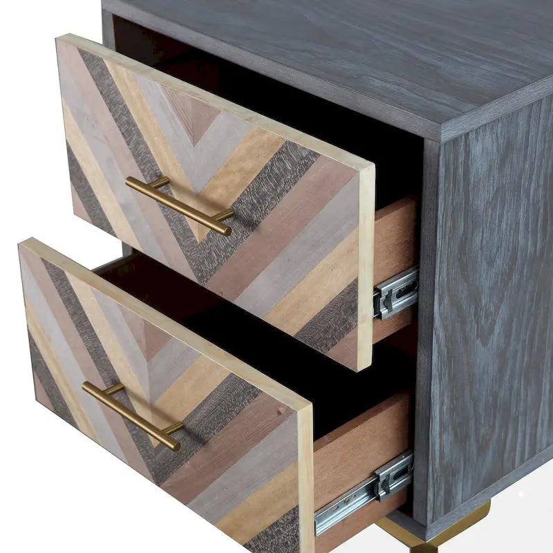 Chevron Two Drawer Side Table with Brushed Gold Accent Legs