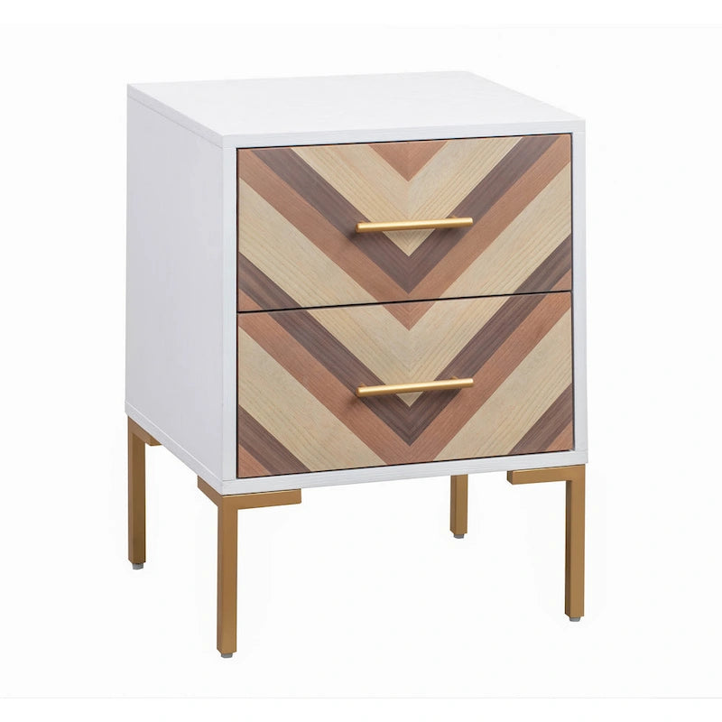 Chevron Two Drawer Side Table with Brushed Gold Accent Legs