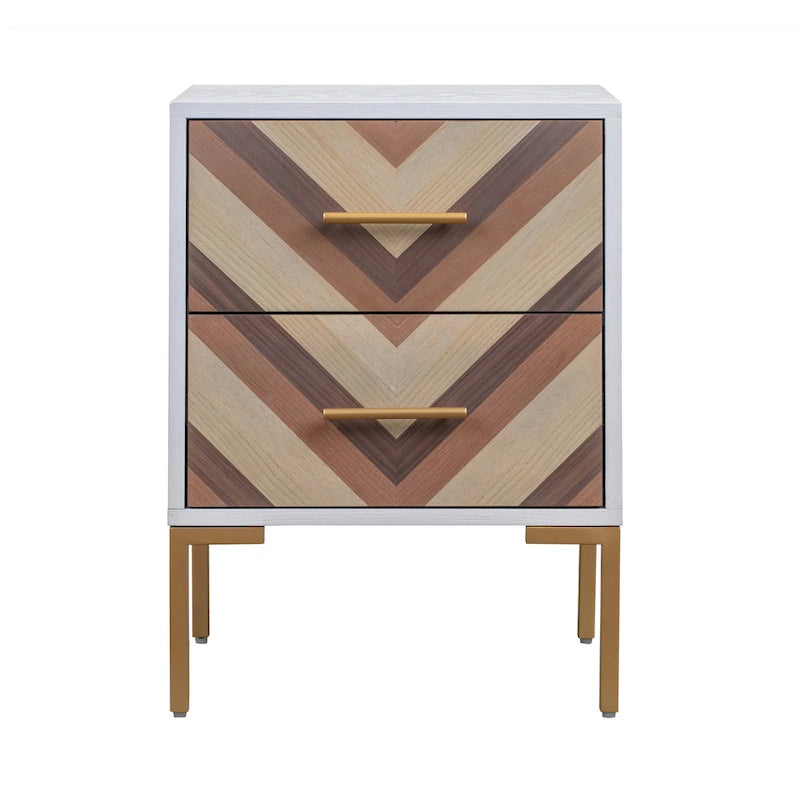 Chevron Two Drawer Side Table with Brushed Gold Accent Legs