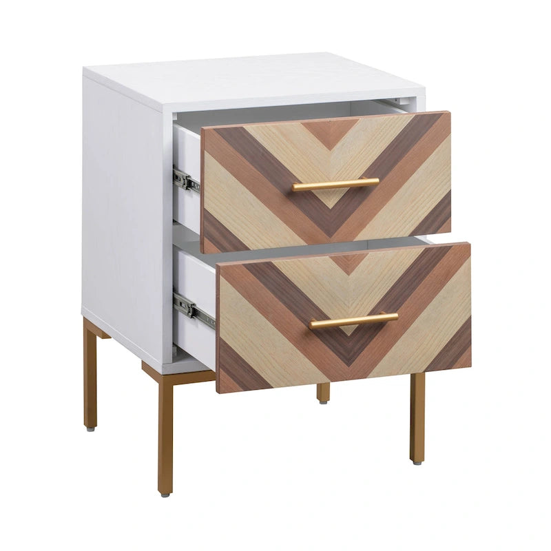 Chevron Two Drawer Side Table with Brushed Gold Accent Legs