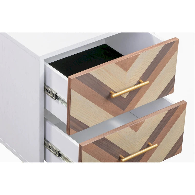 Chevron Two Drawer Side Table with Brushed Gold Accent Legs