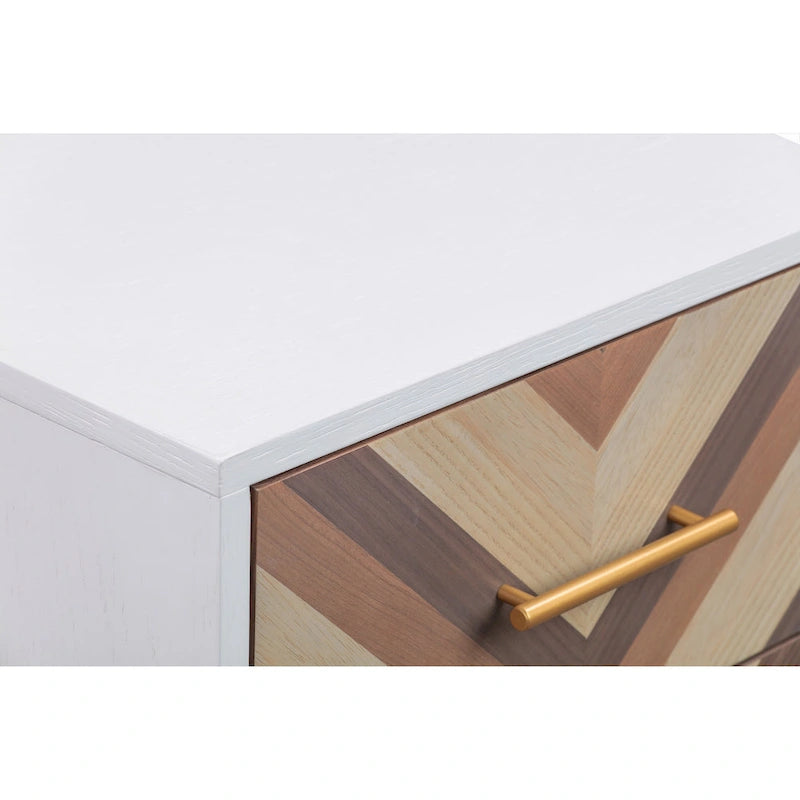 Chevron Two Drawer Side Table with Brushed Gold Accent Legs