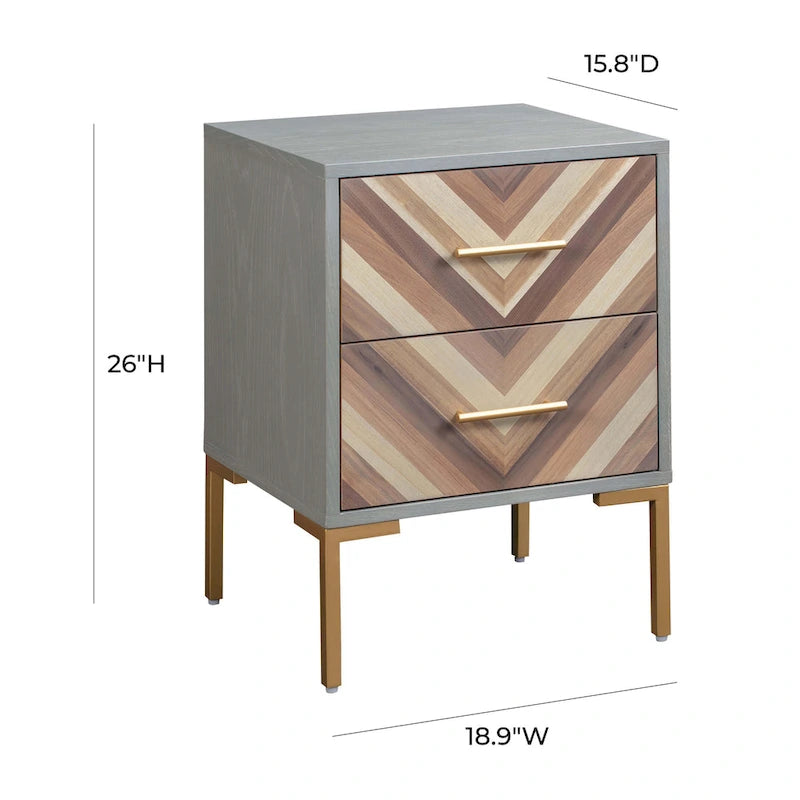 Chevron Two Drawer Side Table with Brushed Gold Accent Legs