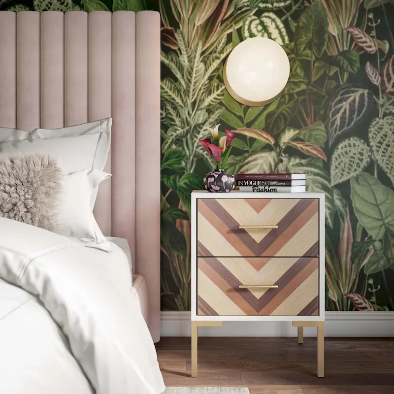 Chevron Two Drawer Side Table with Brushed Gold Accent Legs