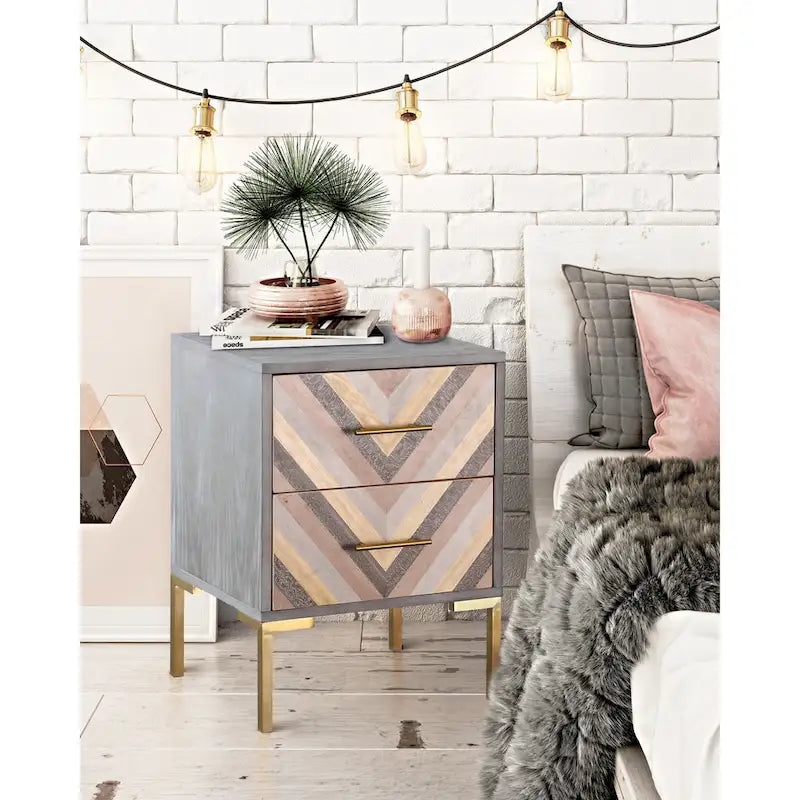 Chevron Two Drawer Side Table with Brushed Gold Accent Legs