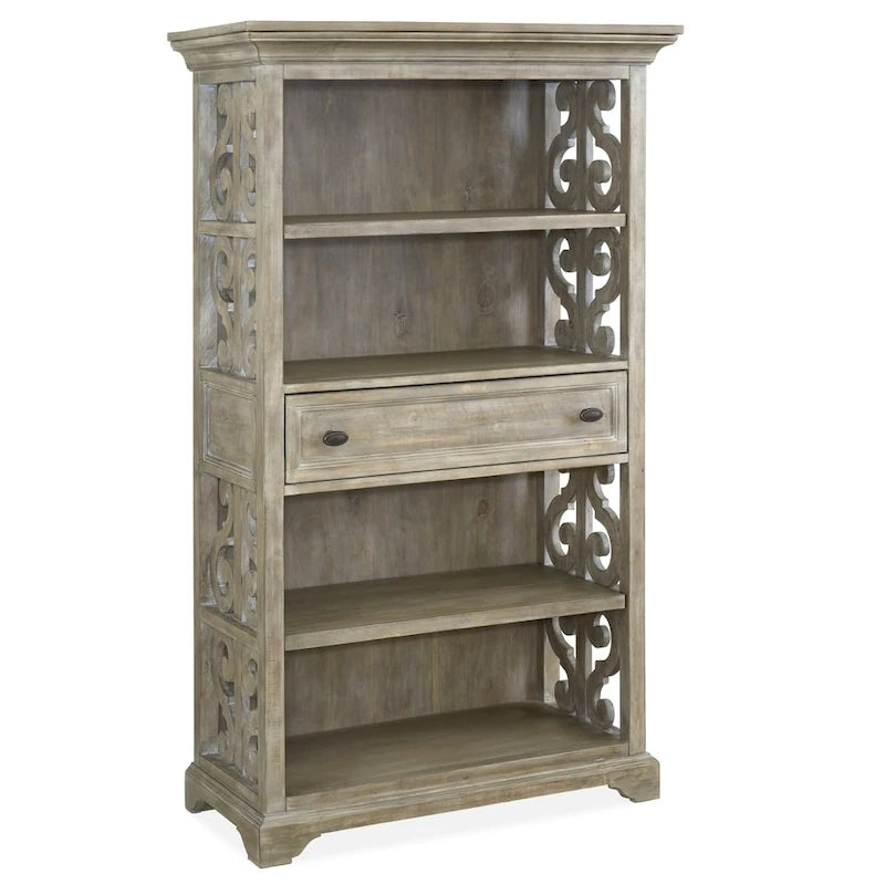Traditional Weathered Gray Pine Bookcase with Scrollwork and Storage Drawer