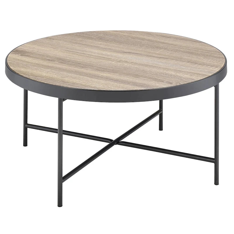 Round Weathered Grey Oak Coffee Table with Black Metal Frame