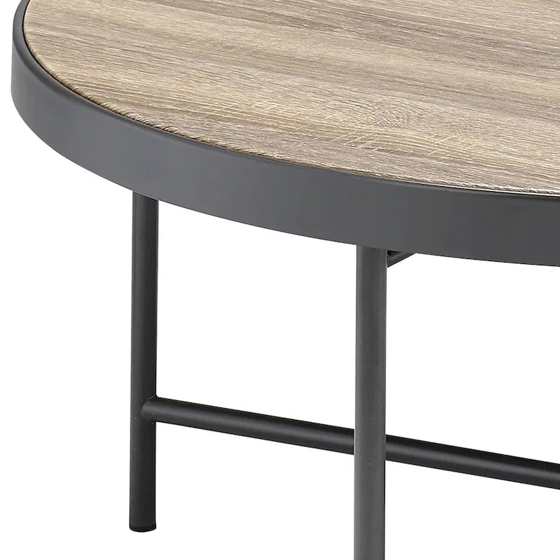 Runder Couchtisch aus grauer Eiche mit schwarzem Metallgestell