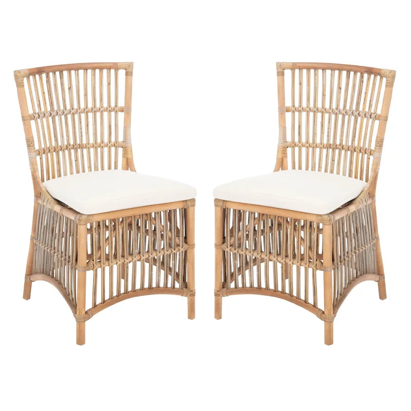 Coastal Rattan Accent Chair with White Cushion and Open Back