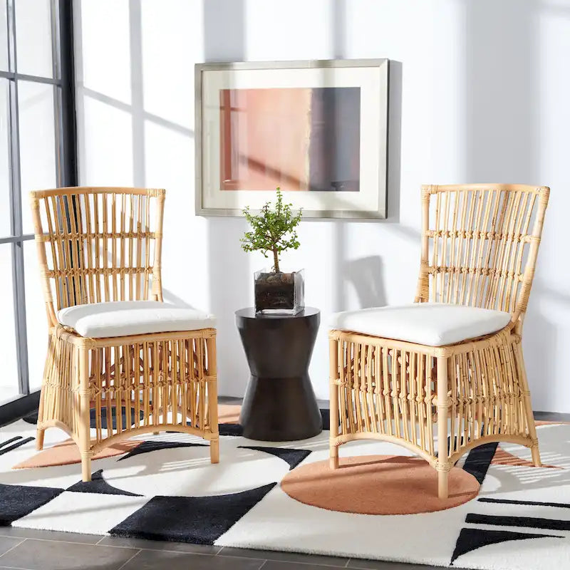 Coastal Rattan Accent Chair with White Cushion and Open Back