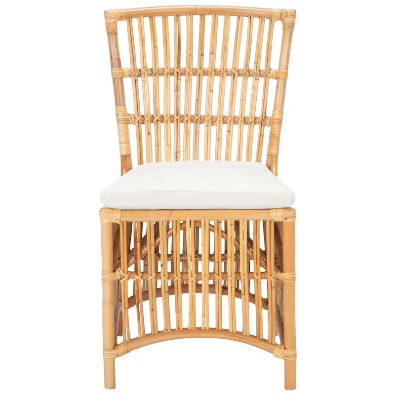 Coastal Rattan Accent Chair with White Cushion and Open Back