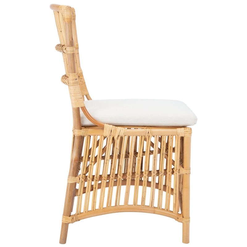 Coastal Rattan Accent Chair with White Cushion and Open Back