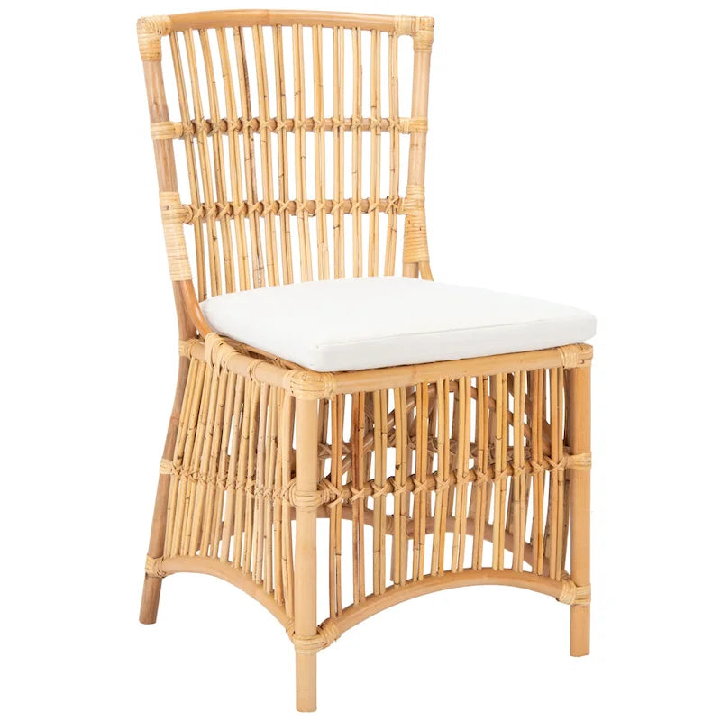 Coastal Rattan Accent Chair with White Cushion and Open Back