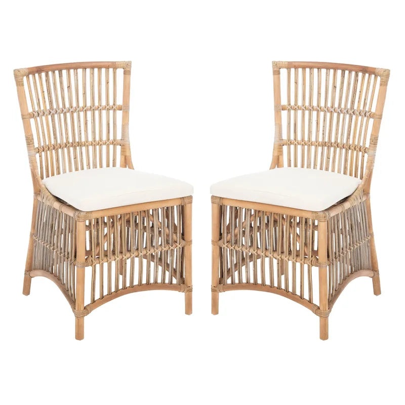 Coastal Rattan Accent Chair with White Cushion and Open Back