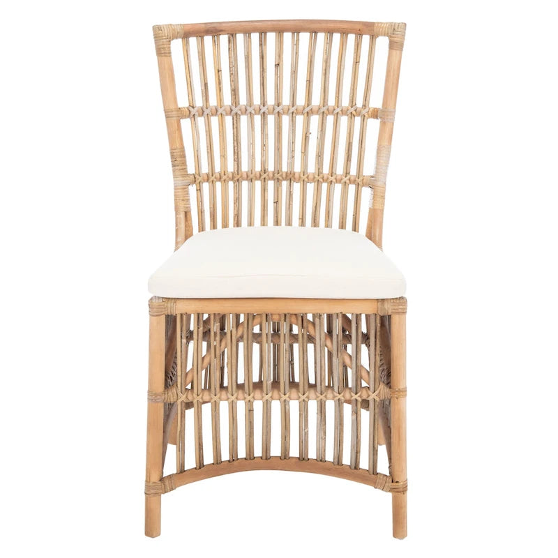 Coastal Rattan Accent Chair with White Cushion and Open Back