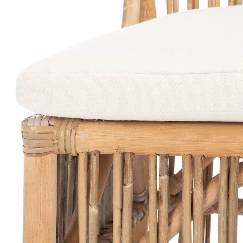 Coastal Rattan Accent Chair with White Cushion and Open Back