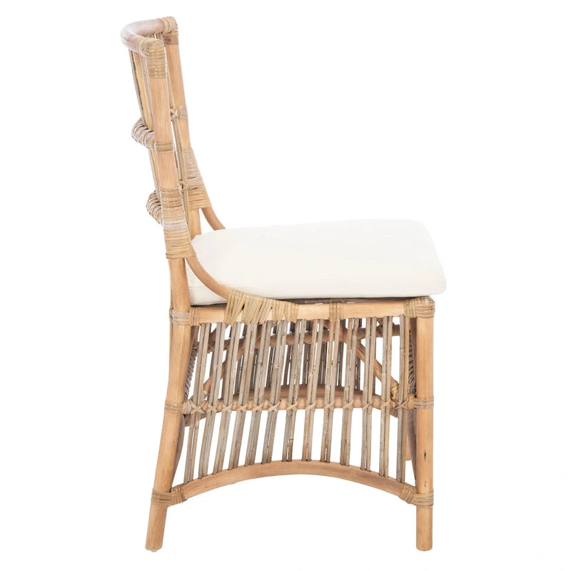 Coastal Rattan Accent Chair with White Cushion and Open Back