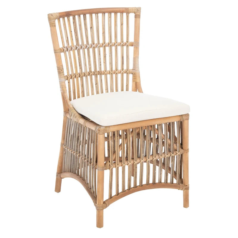 Coastal Rattan Accent Chair with White Cushion and Open Back