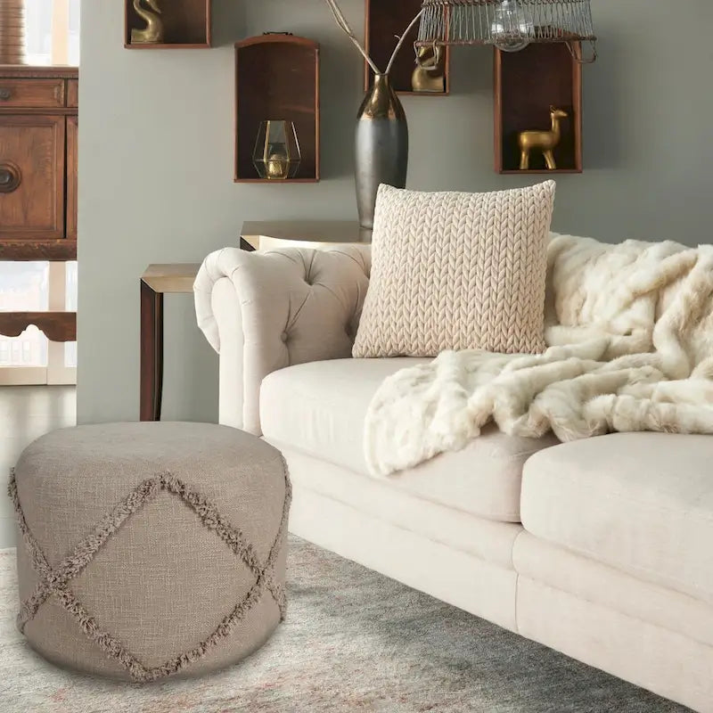 Pouf ottomano rotondo marrone da 18, con texture a rombi uniforme