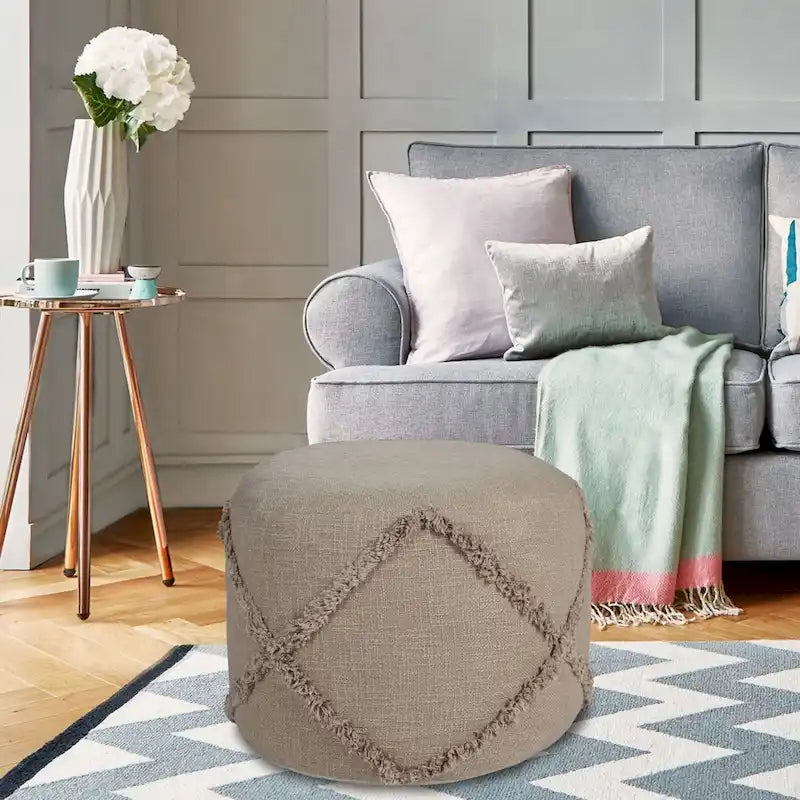 Pouf ottomano rotondo marrone da 18, con texture a rombi uniforme