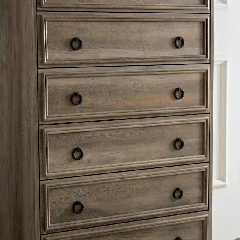 Vintage Inspired Six Drawer Tall Dresser with Decorative Ring Pulls