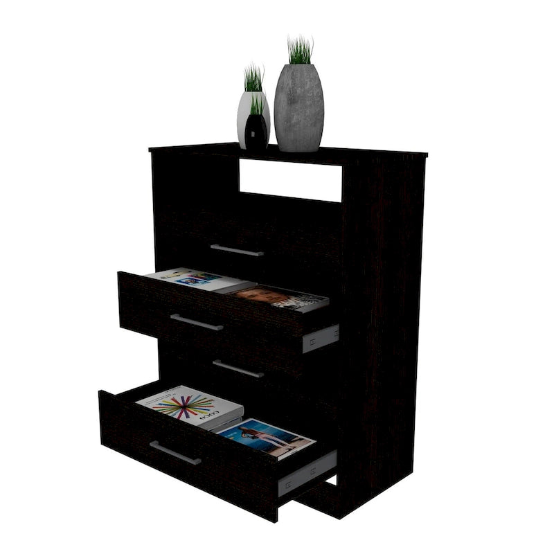 Modern Four Drawer Bedroom Dresser with Open Shelf and Handles