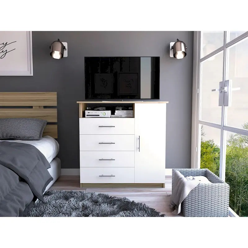 Modern Four Drawer Bedroom Dresser with Cabinet and Open Shelf