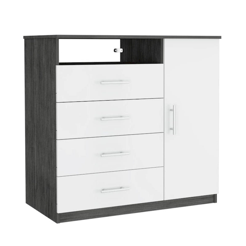 Modern Four Drawer Bedroom Dresser with Cabinet and Open Shelf