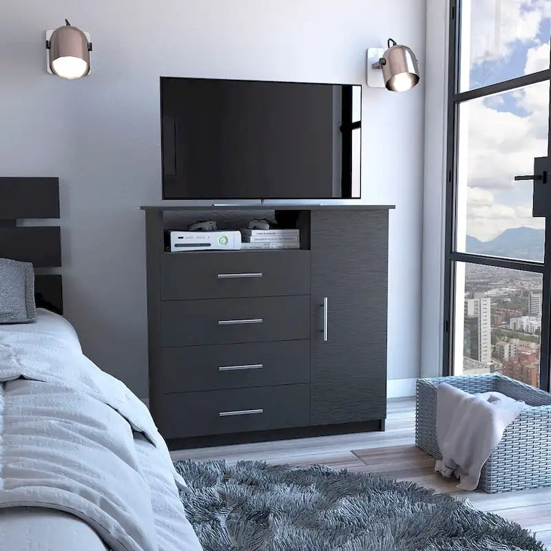 Modern Four Drawer Bedroom Dresser with Cabinet and Open Shelf