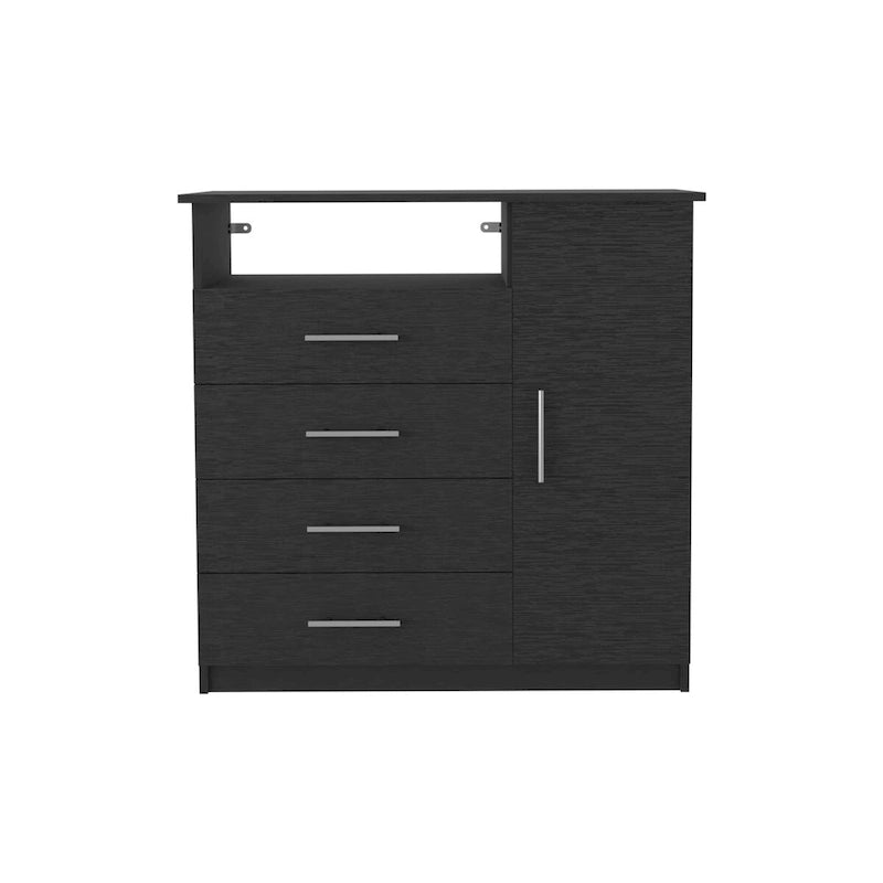 Modern Four Drawer Bedroom Dresser with Cabinet and Open Shelf