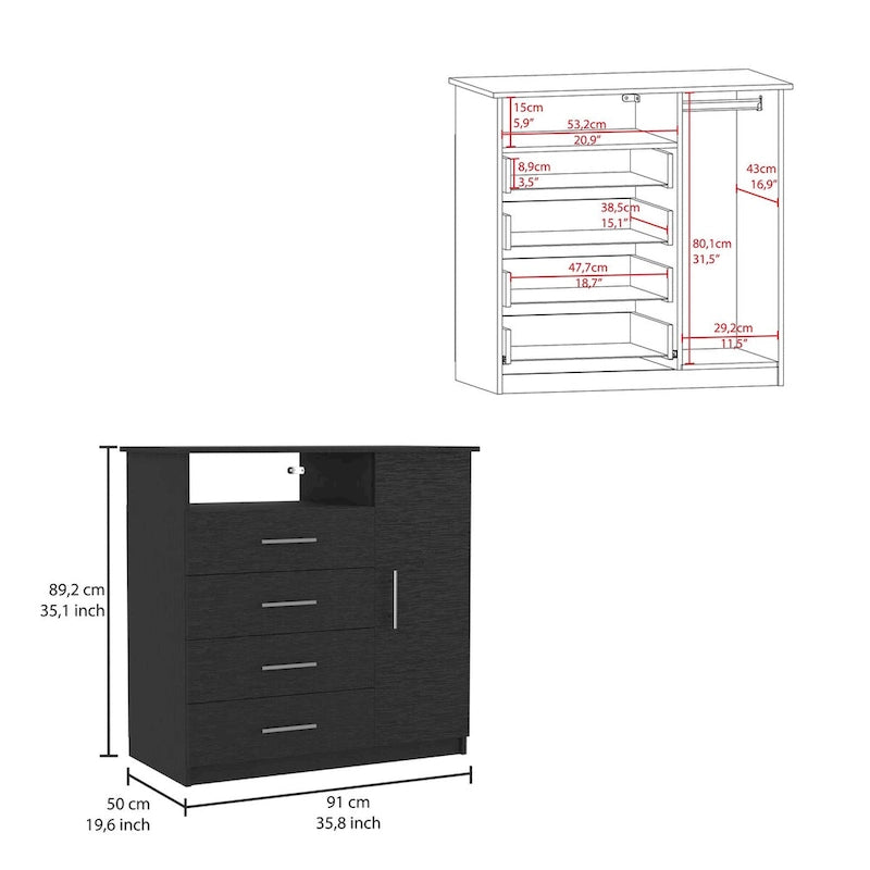 Modern Four Drawer Bedroom Dresser with Cabinet and Open Shelf