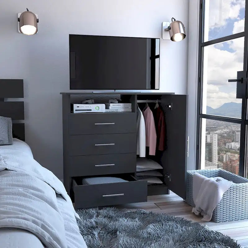 Modern Four Drawer Bedroom Dresser with Cabinet and Open Shelf