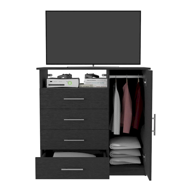 Modern Four Drawer Bedroom Dresser with Cabinet and Open Shelf