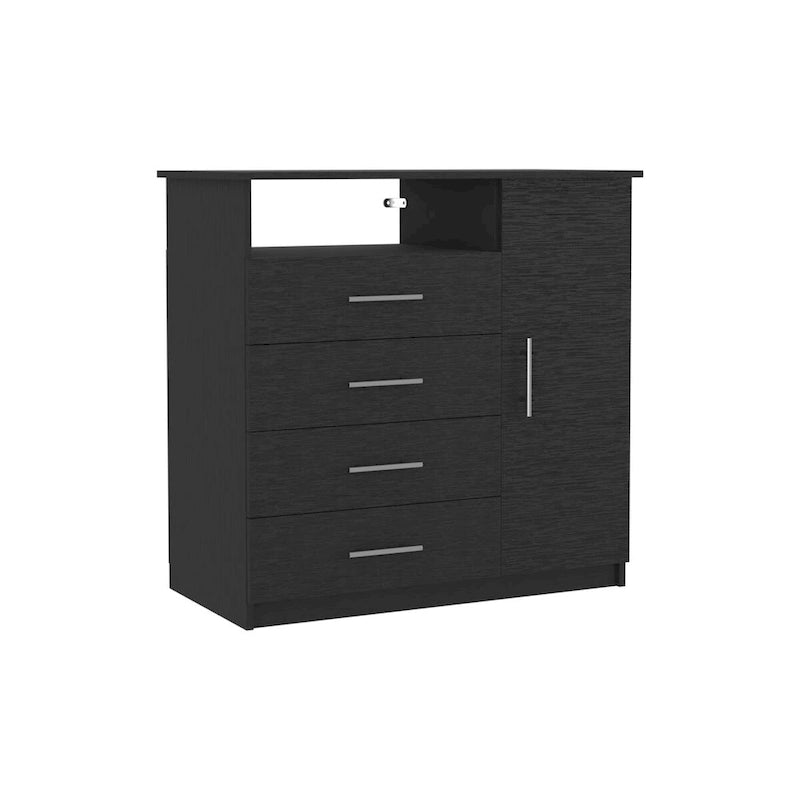 Modern Four Drawer Bedroom Dresser with Cabinet and Open Shelf