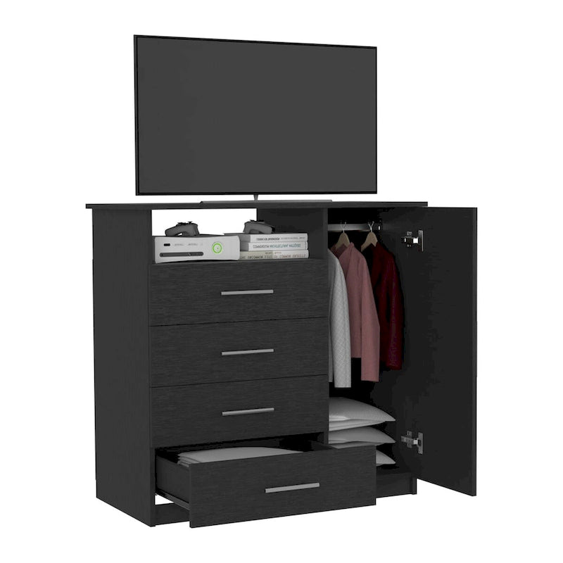 Modern Four Drawer Bedroom Dresser with Cabinet and Open Shelf