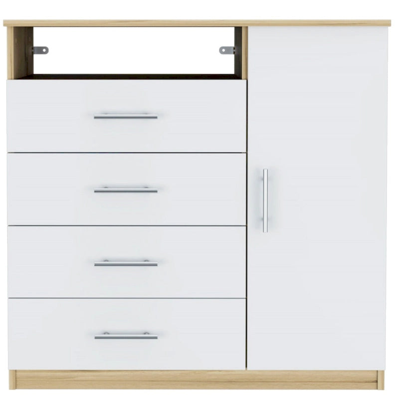 Modern Four Drawer Bedroom Dresser with Cabinet and Open Shelf