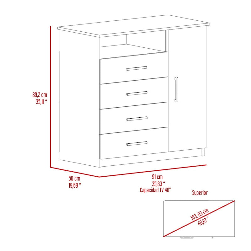 Modern Four Drawer Bedroom Dresser with Cabinet and Open Shelf