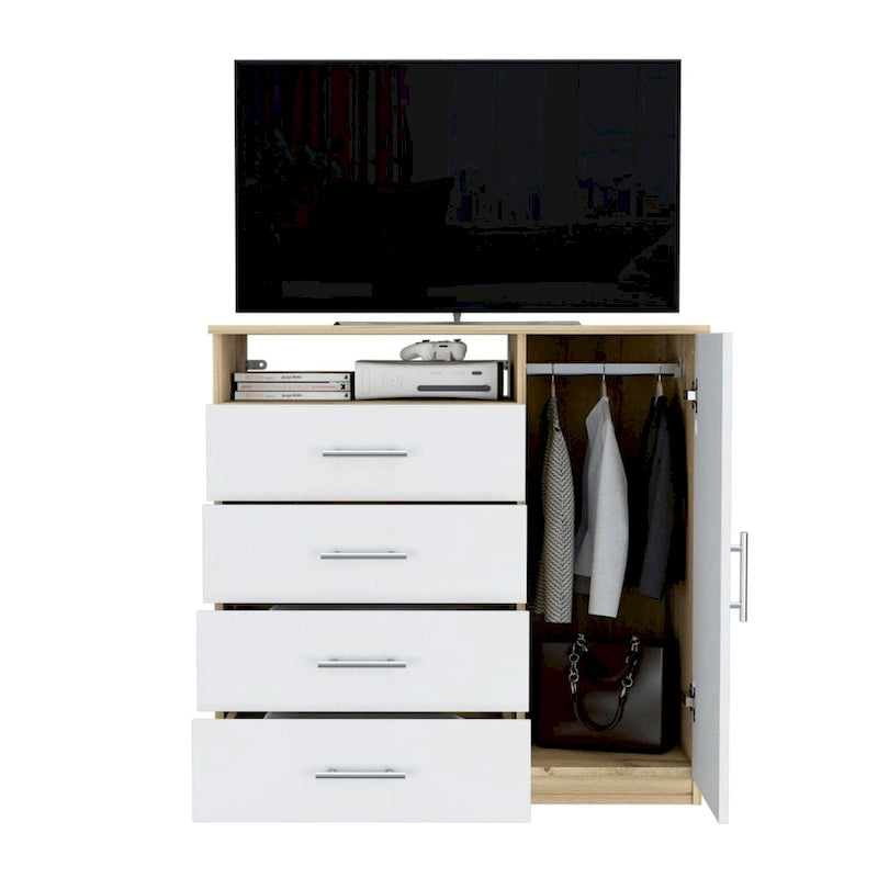 Modern Four Drawer Bedroom Dresser with Cabinet and Open Shelf