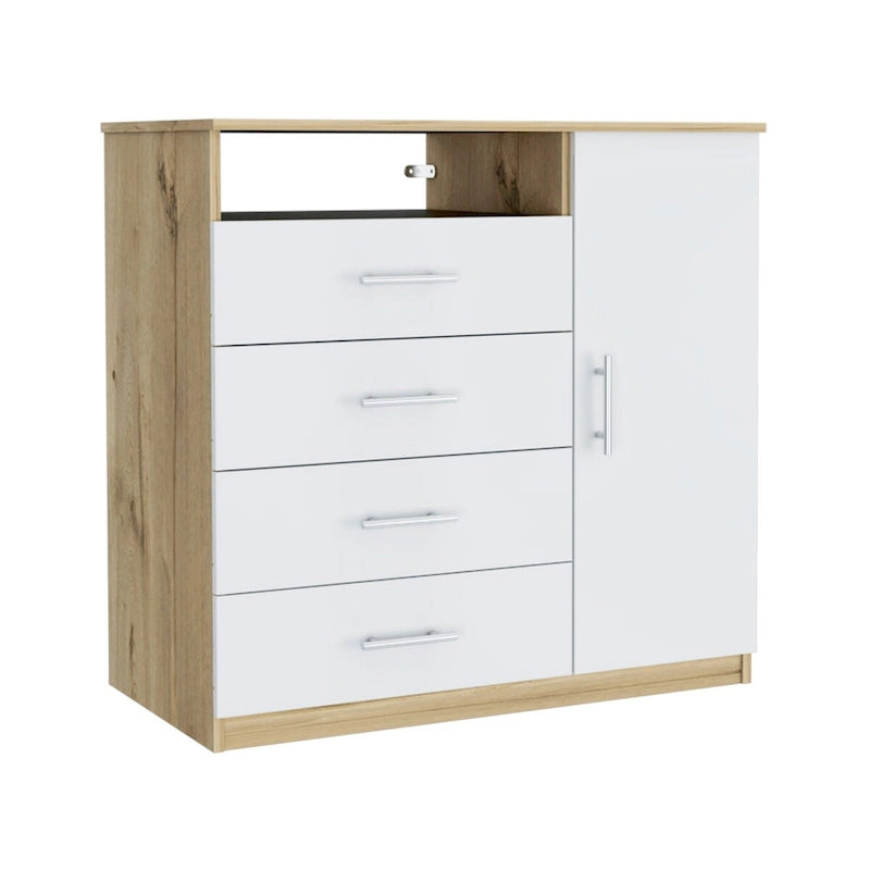 Modern Four Drawer Bedroom Dresser with Cabinet and Open Shelf