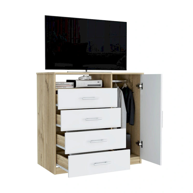Modern Four Drawer Bedroom Dresser with Cabinet and Open Shelf