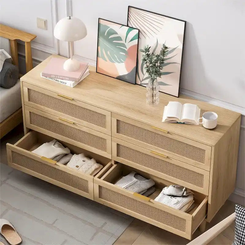 Modern Rattan Six Drawer Bedroom Dresser with Tapered Wooden Legs
