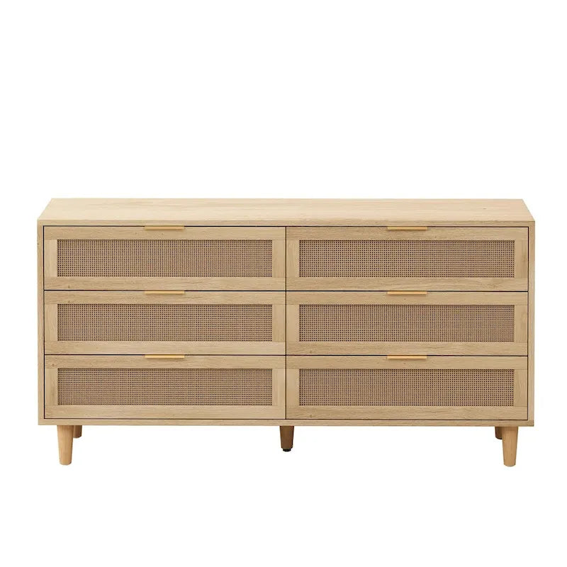 Modern rotan slaapkamerdressoir met zes laden en taps toelopende houten poten