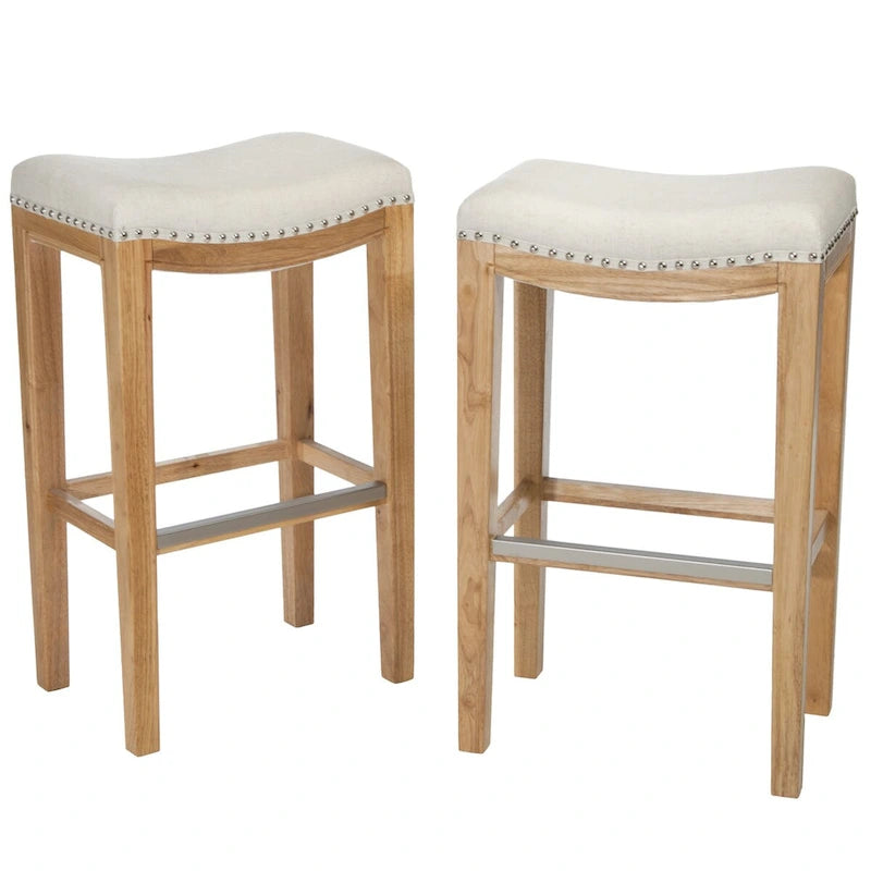 Upholstered Saddle Bar Stool with Wooden Frame and Nailhead Trim