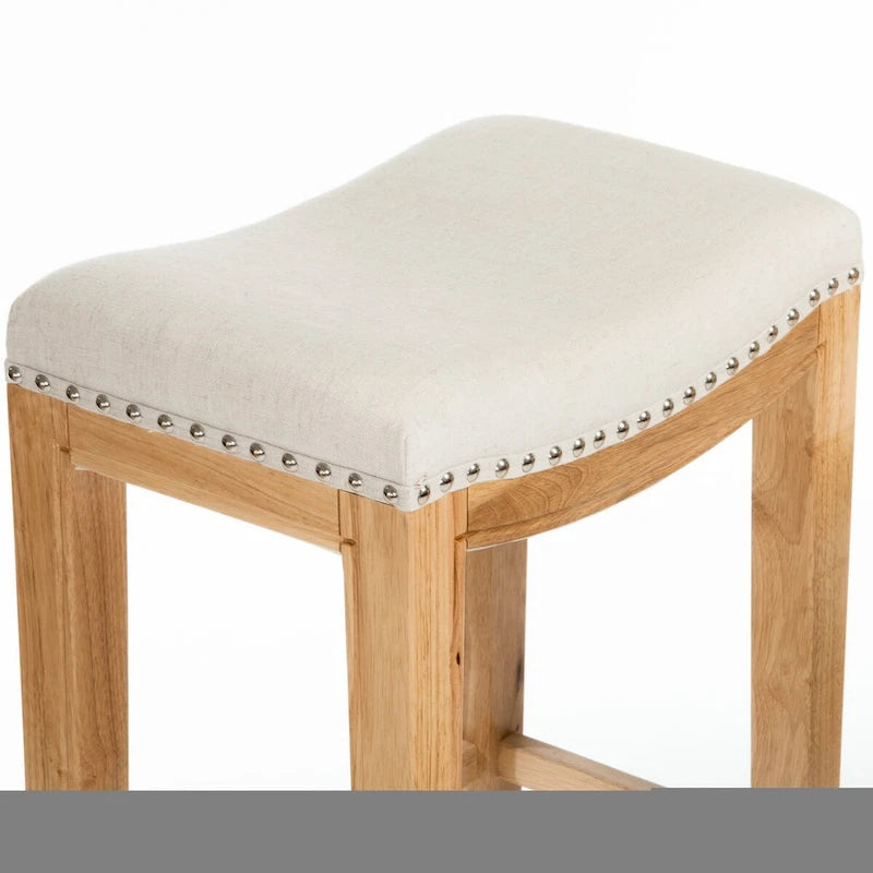 Upholstered Saddle Bar Stool with Wooden Frame and Nailhead Trim